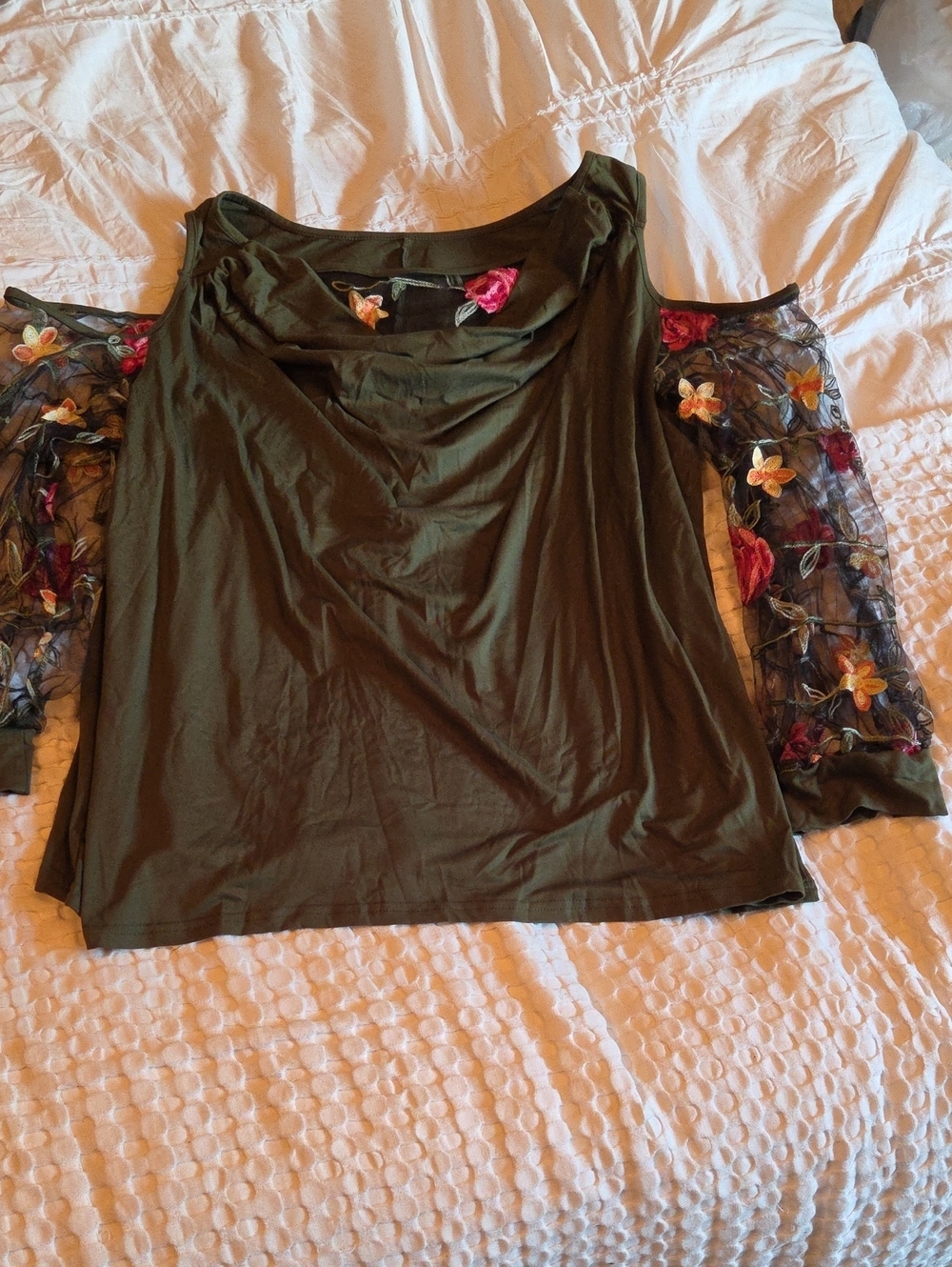 Women’s Olive Green Cold-Shoulder Top with Floral Mesh Sleeves 5x